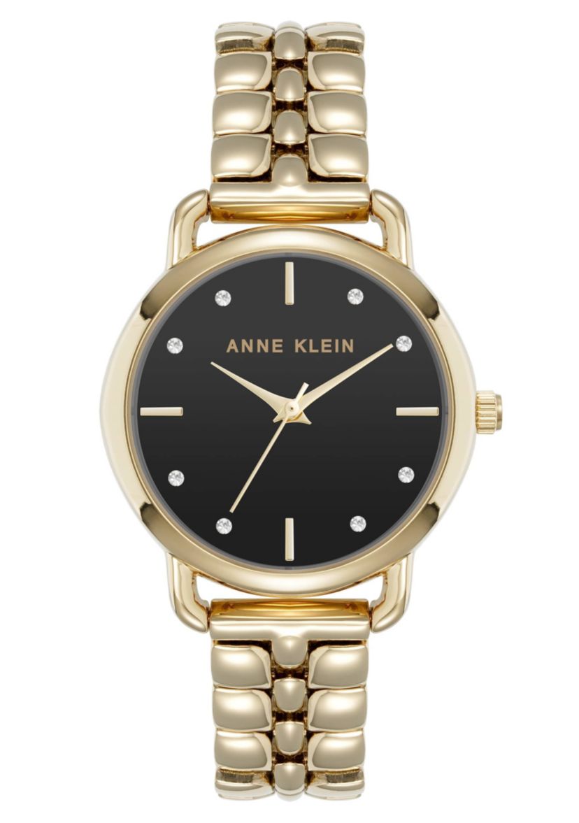 Anne Klein Womens Quartz Signature Black and Gold-Tone Metal Alloy Round Crystal Dial Watch, 30mm