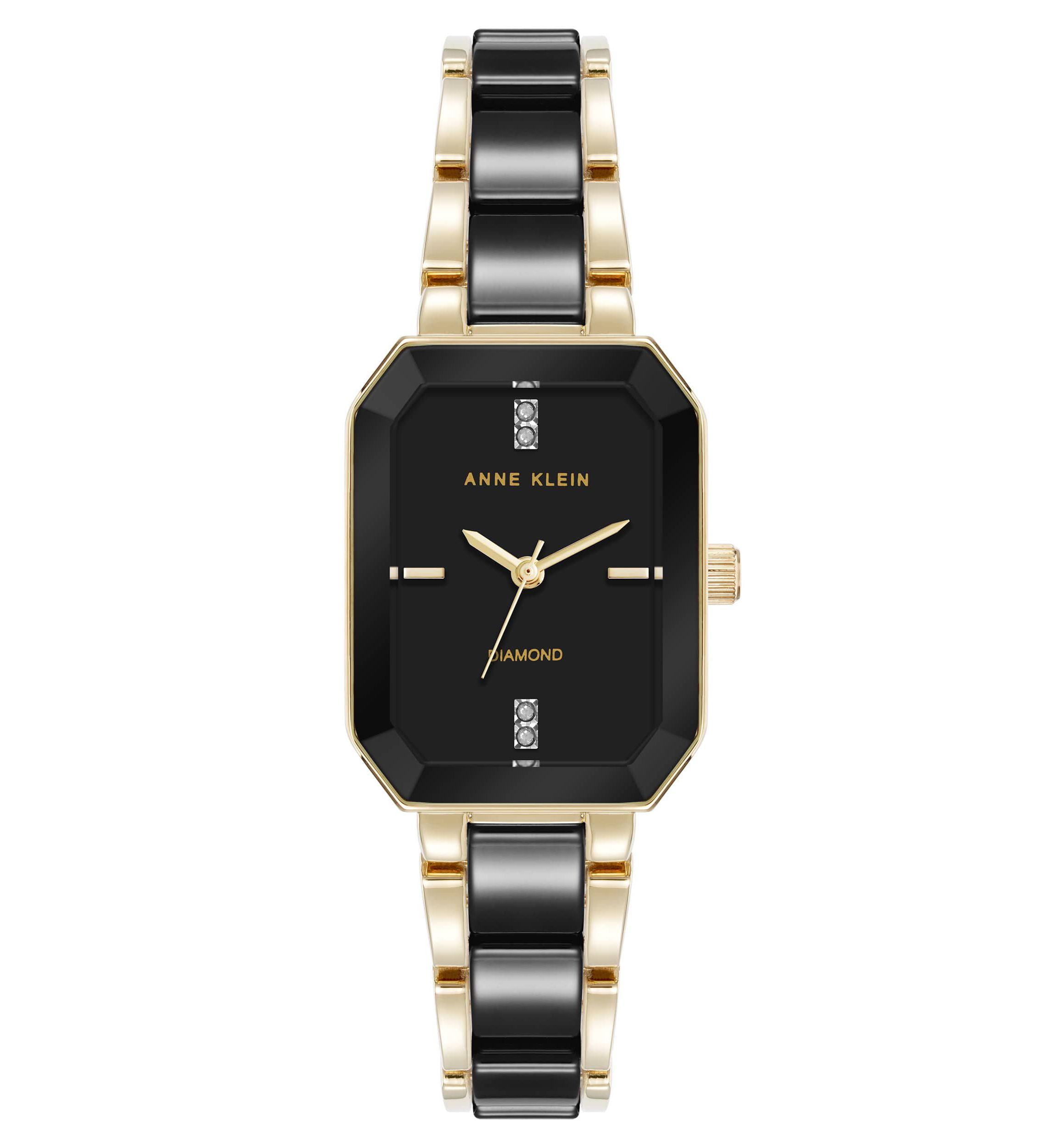 Anne Klein Womens Octagonal Gold-Tone Metal Alloy and Black Ceramic Bracelet Watch, 24mm