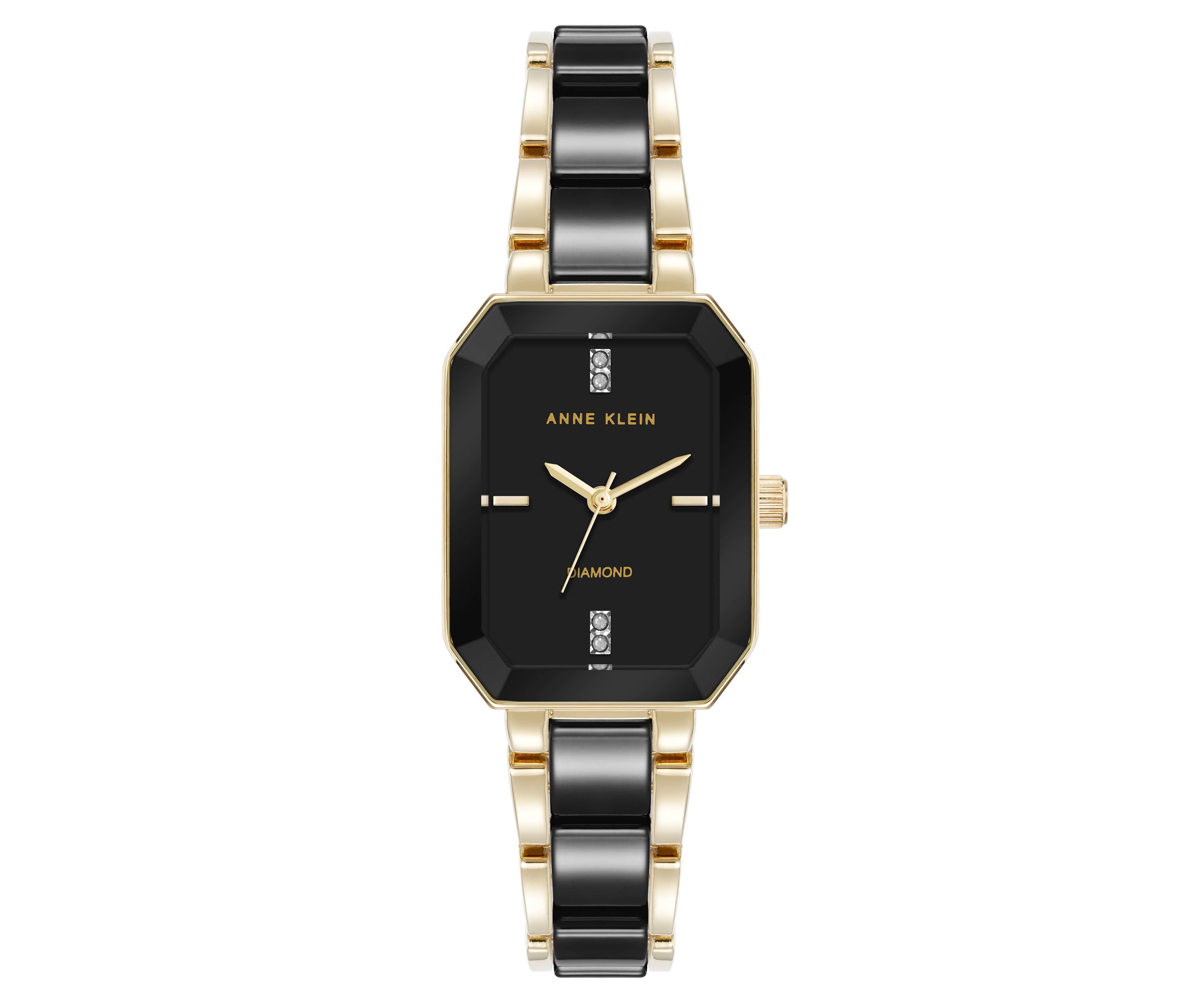 Anne Klein Womens Octagonal Gold-Tone Metal Alloy and Black Ceramic Bracelet Watch, 24mm