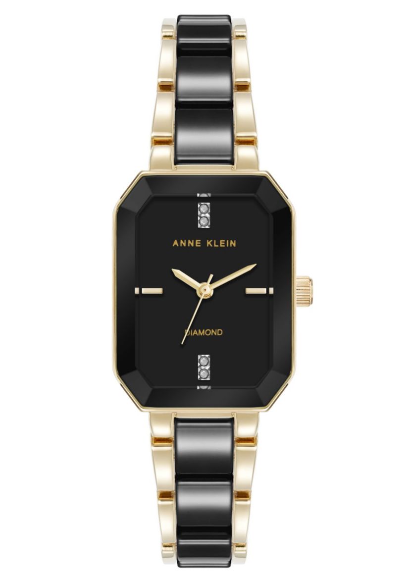 Anne Klein Womens Octagonal Gold-Tone Metal Alloy and Black Ceramic Bracelet Watch, 24mm
