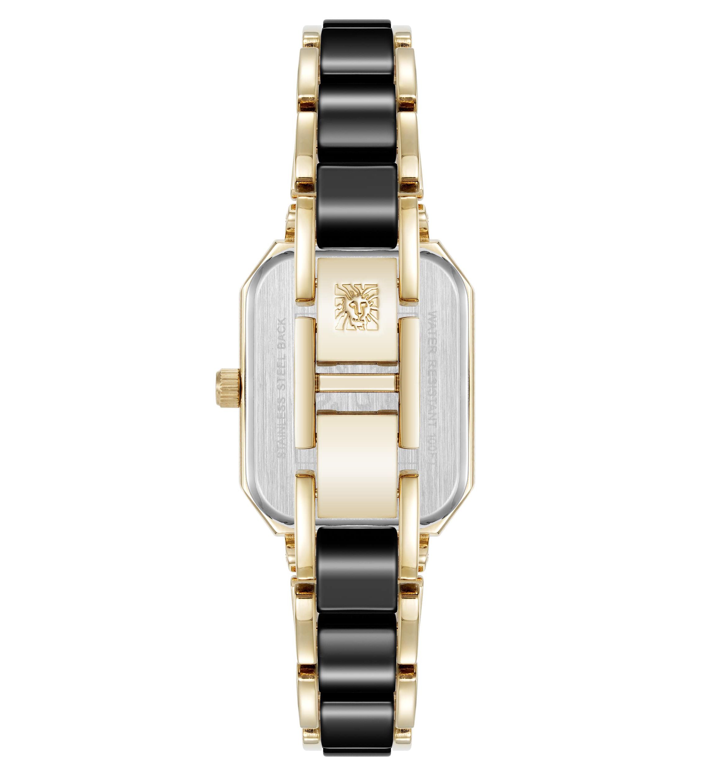 Anne Klein Womens Octagonal Gold-Tone Metal Alloy and Black Ceramic Bracelet Watch, 24mm