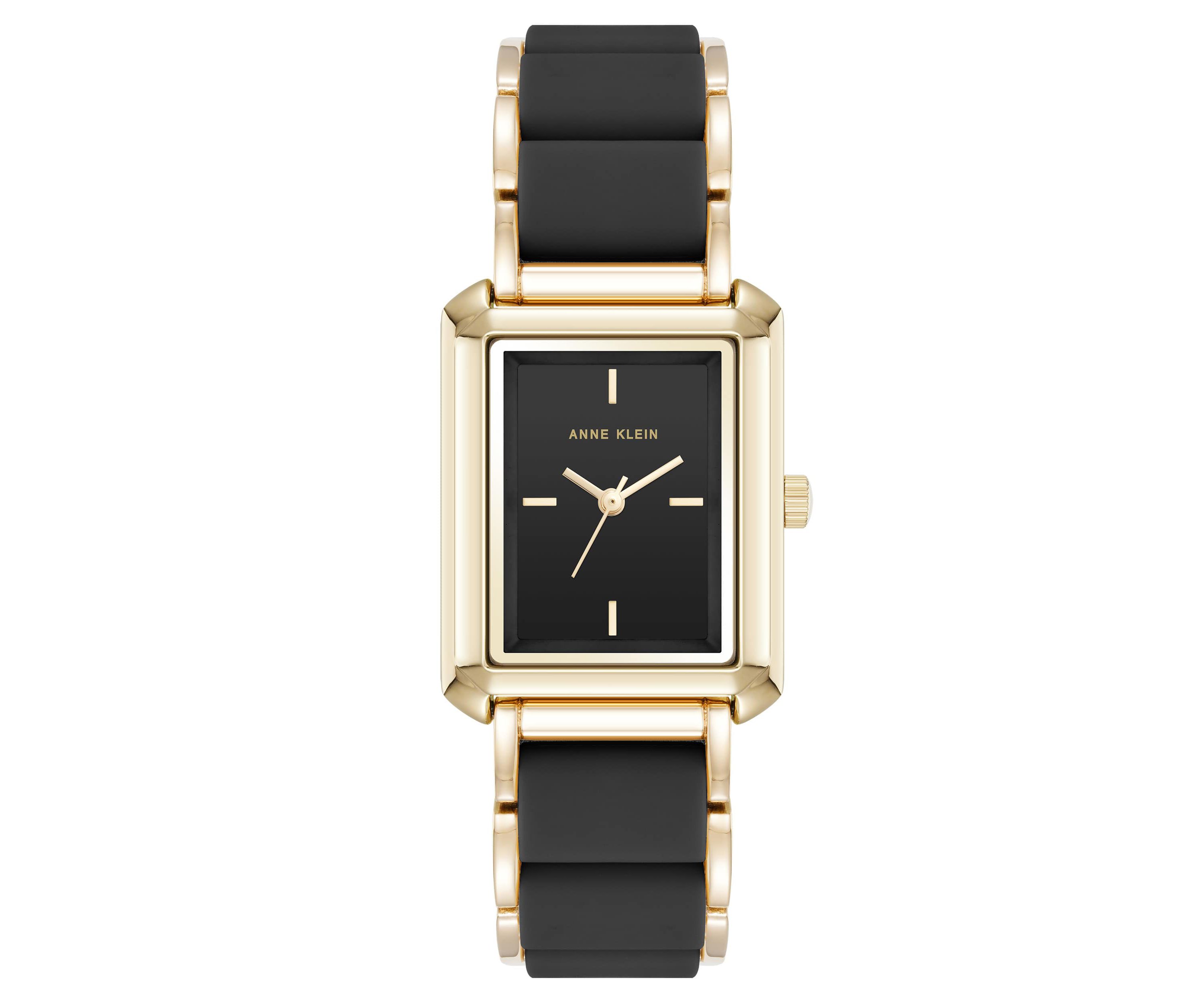Anne Klein Womens Rectangular Black Silicone and Gold-Tone Metal Alloy Bracelet Watch, 26mm