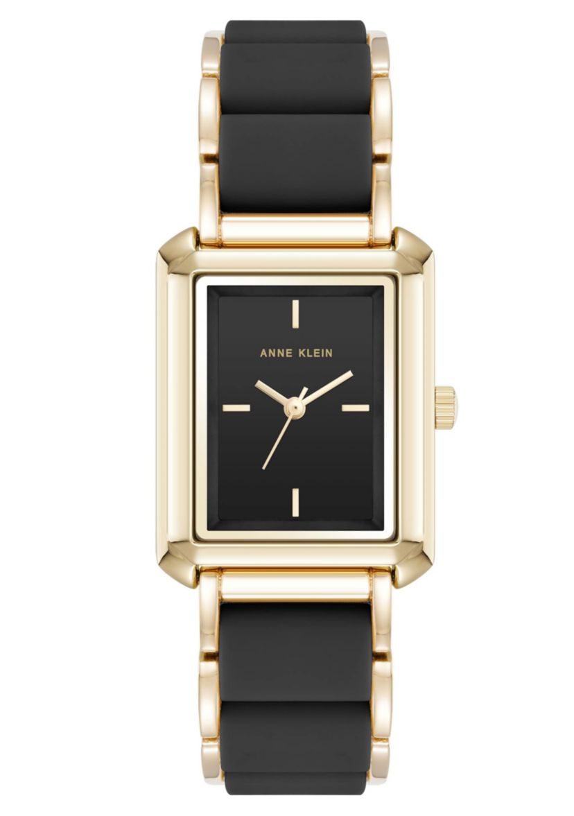 Anne Klein Womens Rectangular Black Silicone and Gold-Tone Metal Alloy Bracelet Watch, 26mm