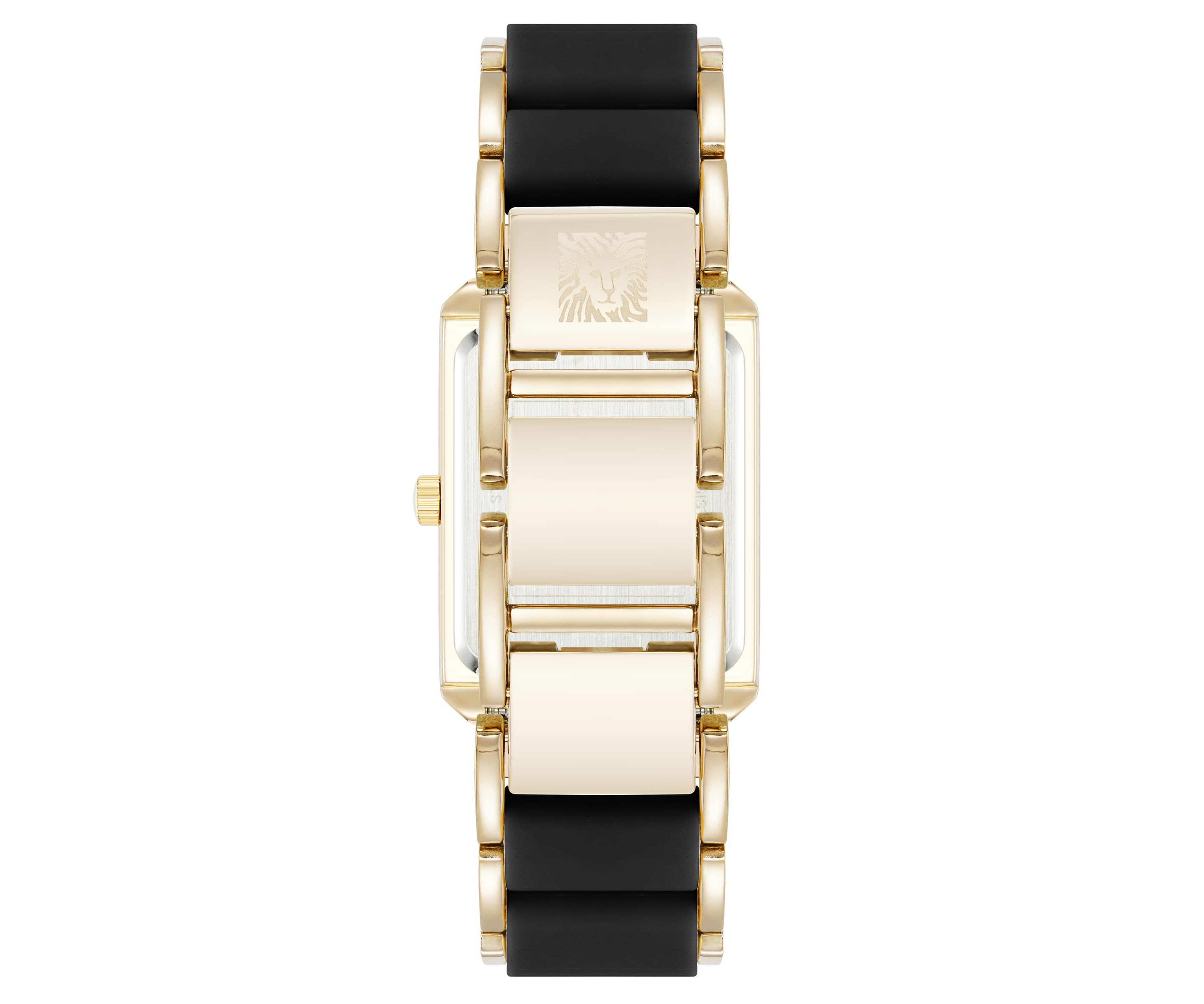 Anne Klein Womens Rectangular Black Silicone and Gold-Tone Metal Alloy Bracelet Watch, 26mm