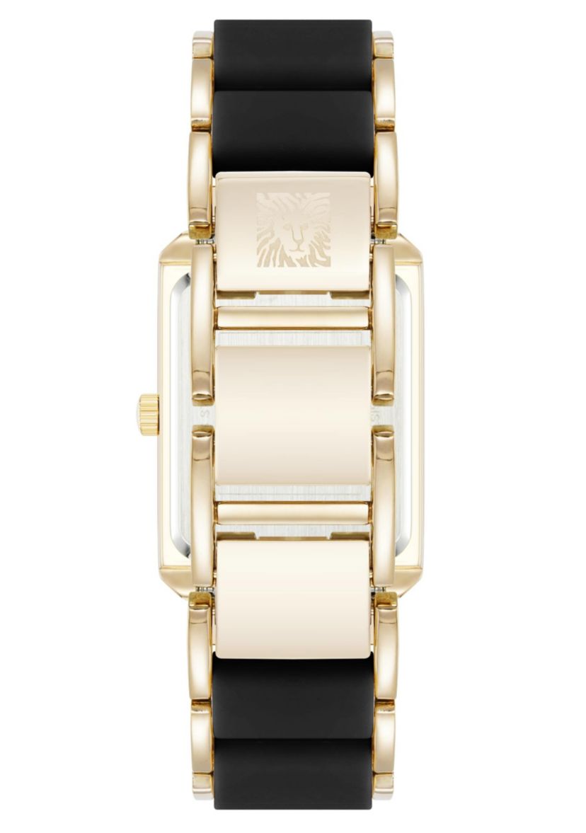 Anne Klein Womens Rectangular Black Silicone and Gold-Tone Metal Alloy Bracelet Watch, 26mm
