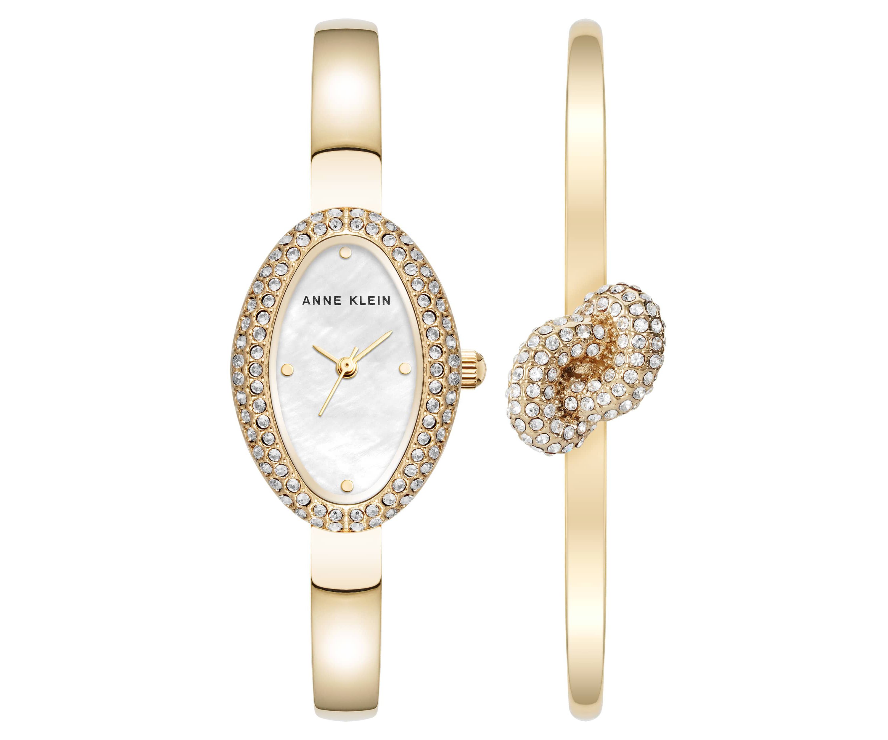 Anne Klein Womens Estate Oval Gold-Tone Metal Alloy Crystal Accented Bangle Watch Set, 26mm