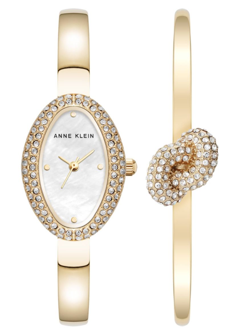 Anne Klein Womens Estate Oval Gold-Tone Metal Alloy Crystal Accented Bangle Watch Set, 26mm