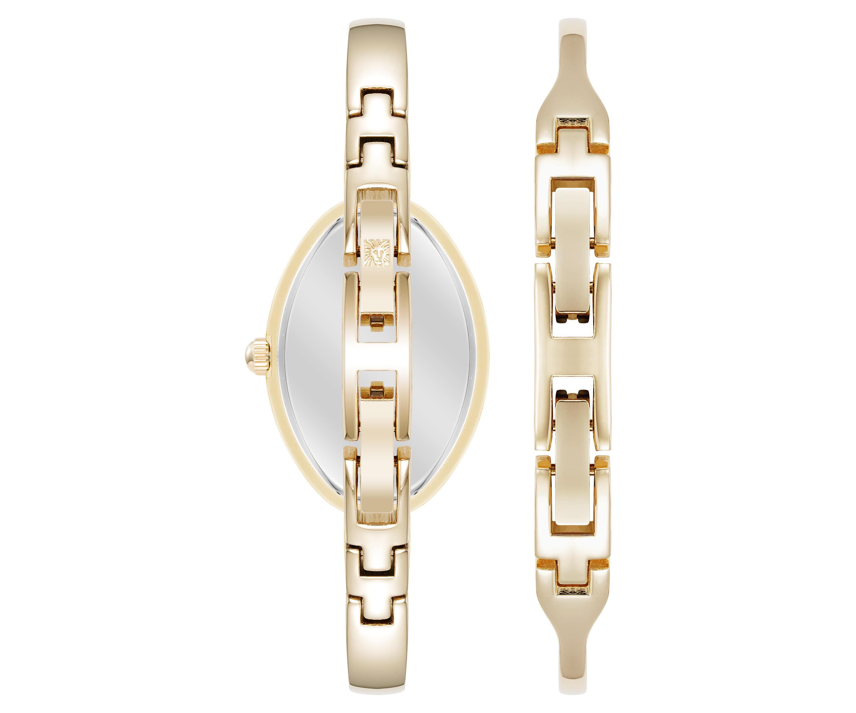 Anne Klein Womens Estate Oval Gold-Tone Metal Alloy Crystal Accented Bangle Watch Set, 26mm