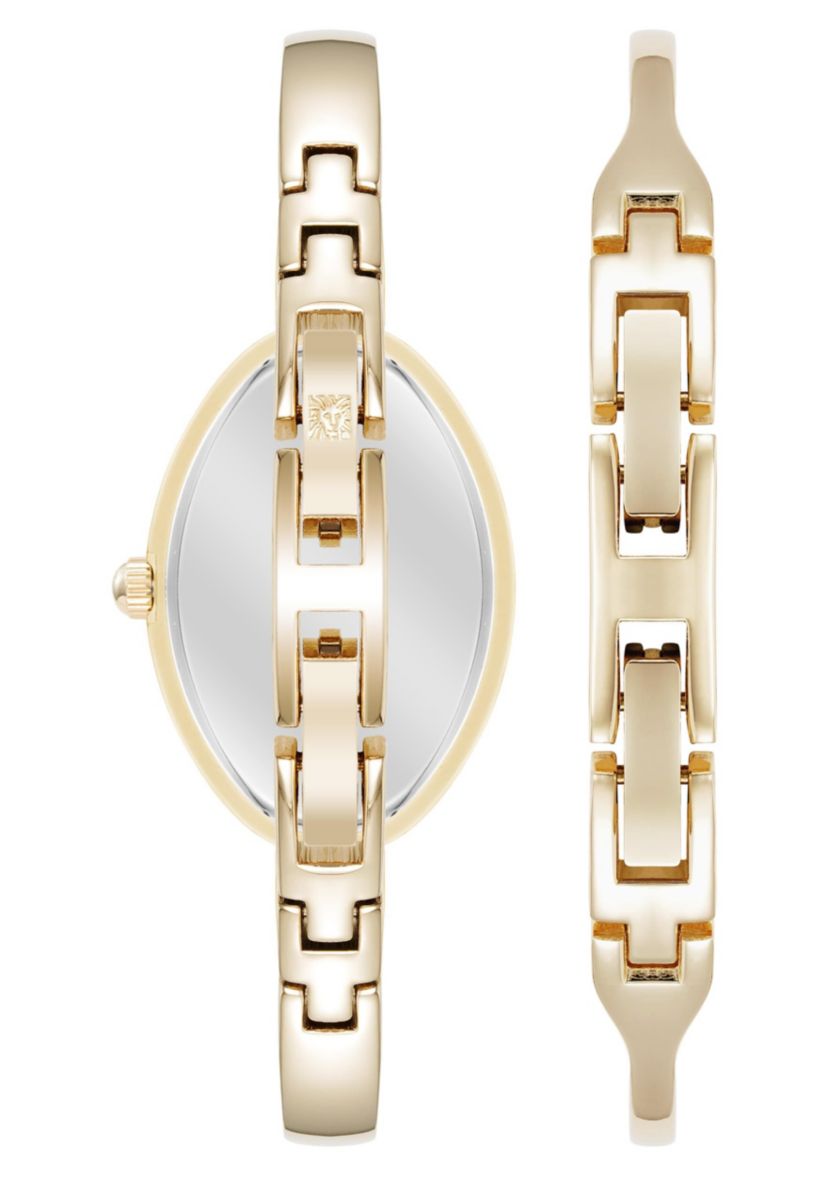 Anne Klein Womens Estate Oval Gold-Tone Metal Alloy Crystal Accented Bangle Watch Set, 26mm