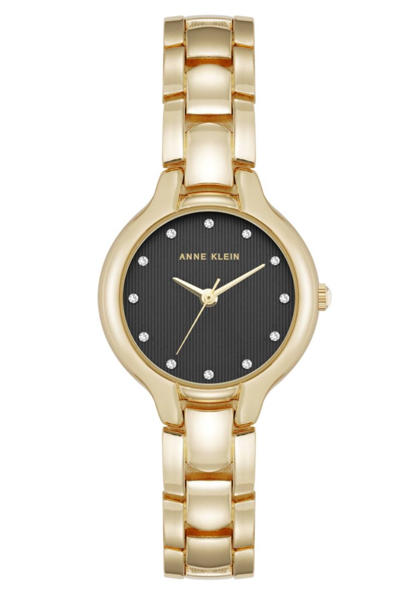 Anne Klein Womens Quartz Delicate Crystal Accented Black Dial Gold-Tone Alloy Metal Watch, 28mm