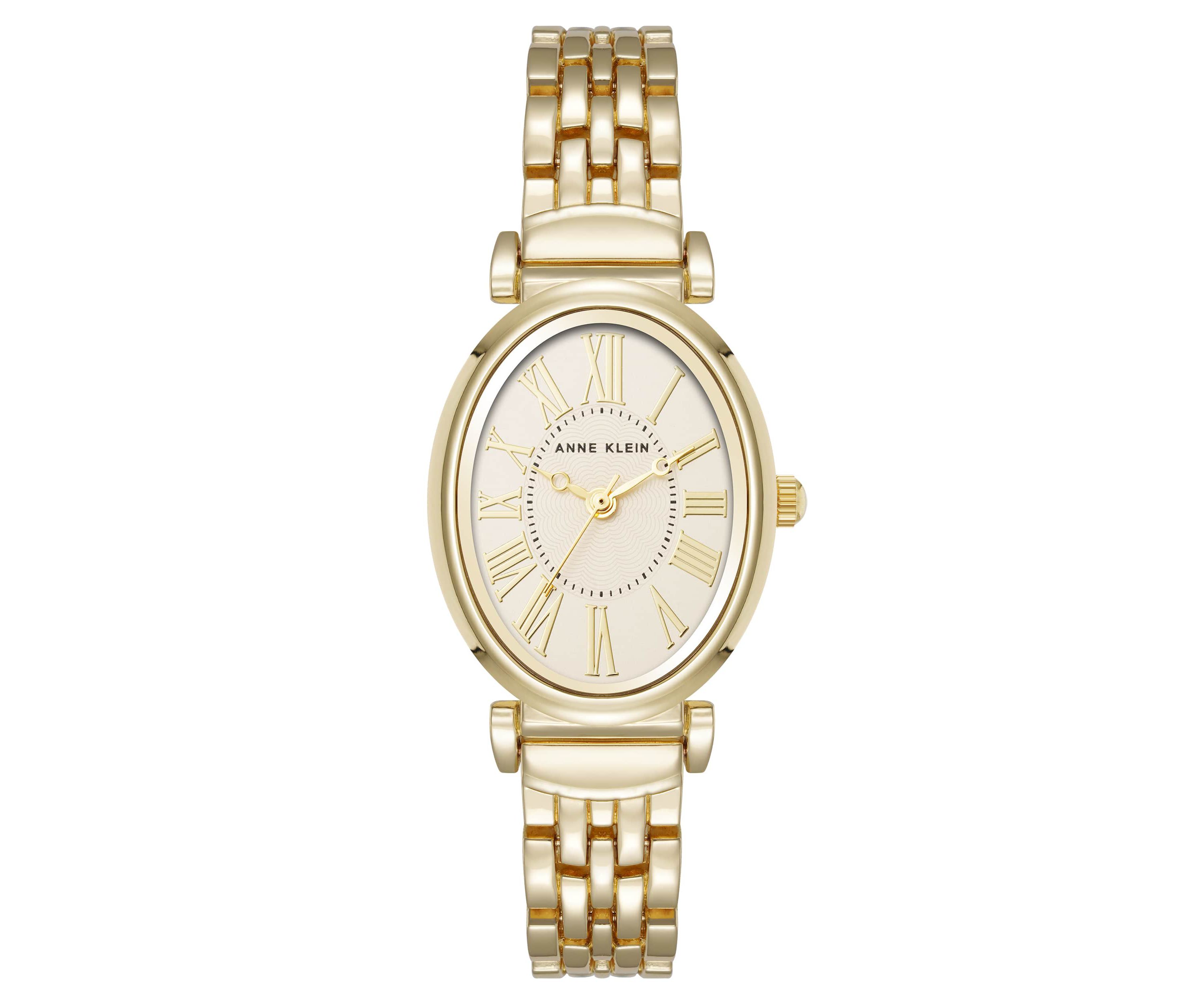 Anne Klein Womens Quartz Oval Roman Numeral Gold-Tone Metal Alloy and Champagne Dial Watch, 25mm