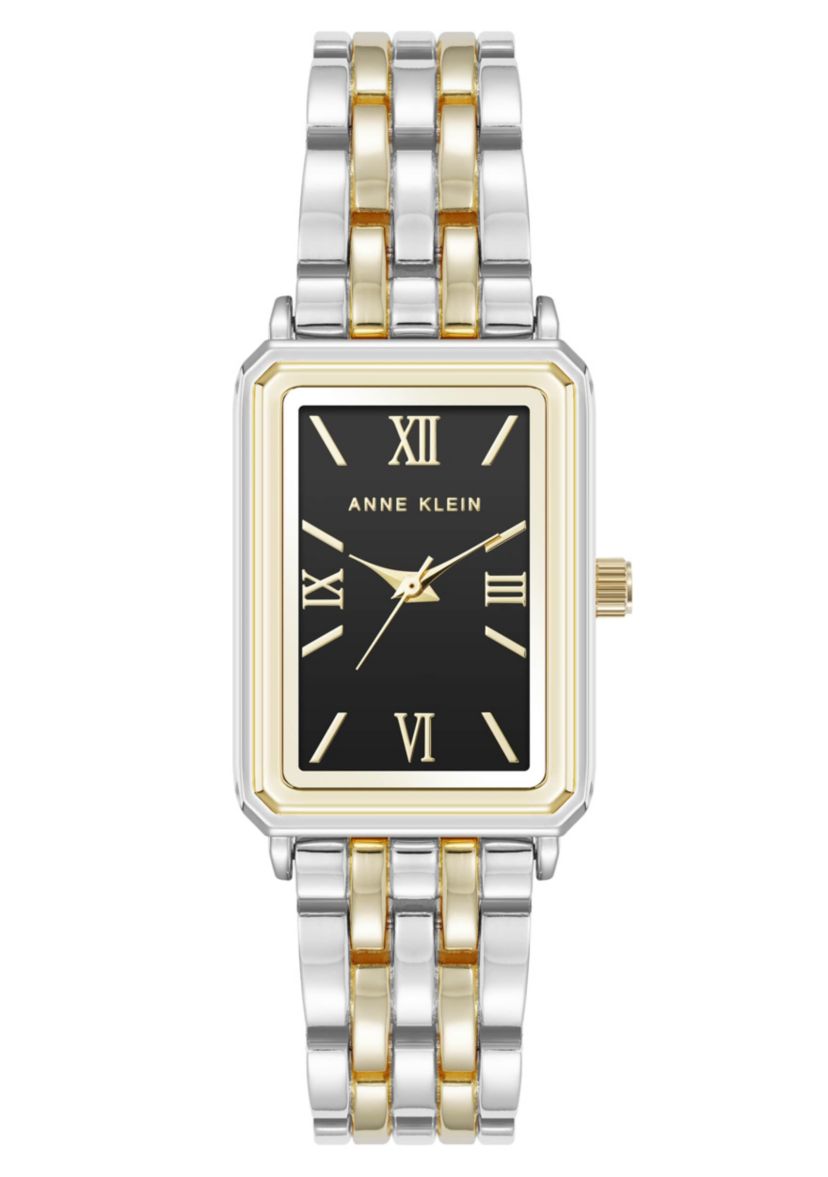 Anne Klein Womens Quartz Rectangular Estate Two-Tone Metal Alloy and Black Dial Watch, 25mm