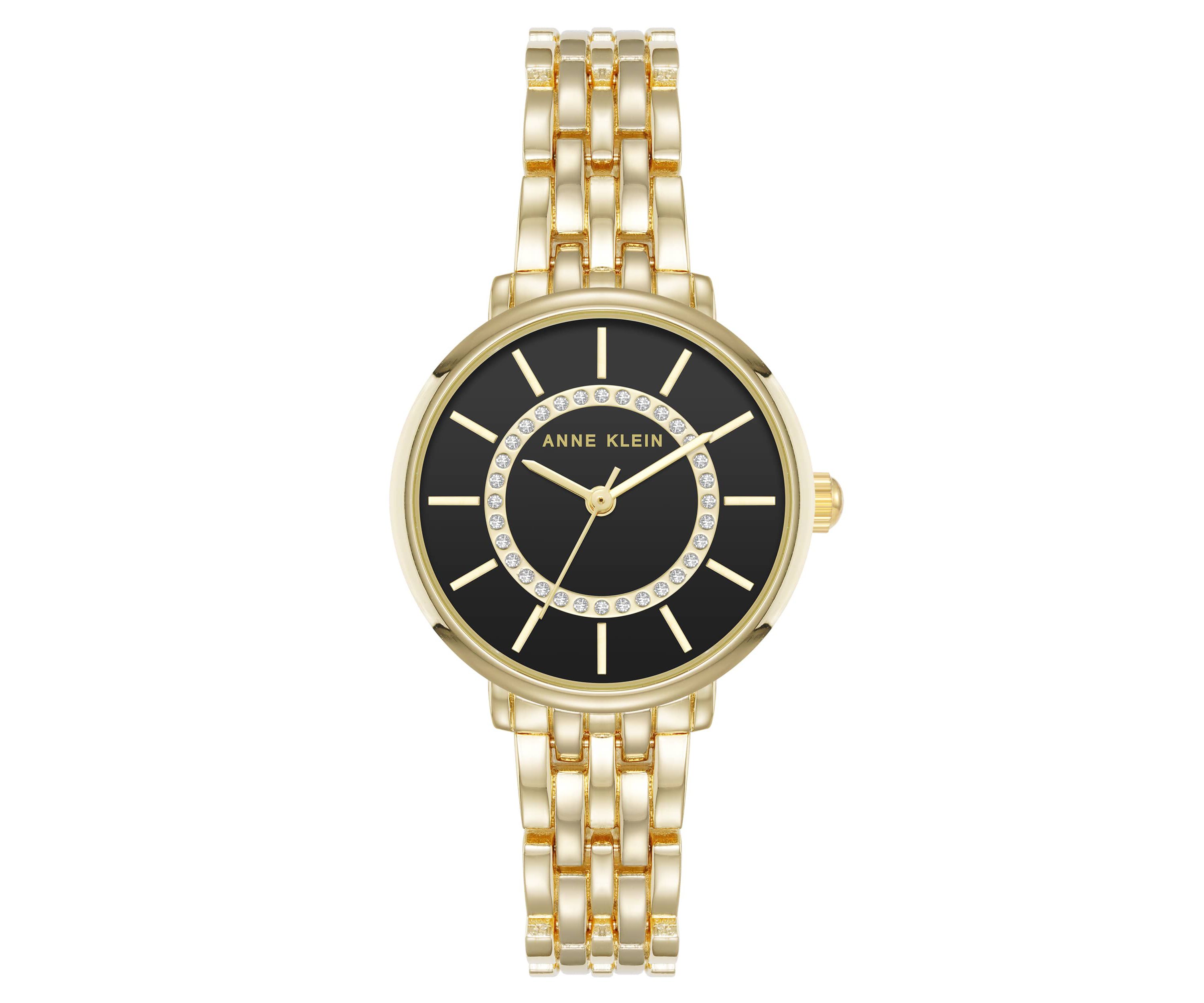 Anne Klein Womens Quartz Classy Gold-Tone Metal Alloy and Black Dial Watch, 30mm