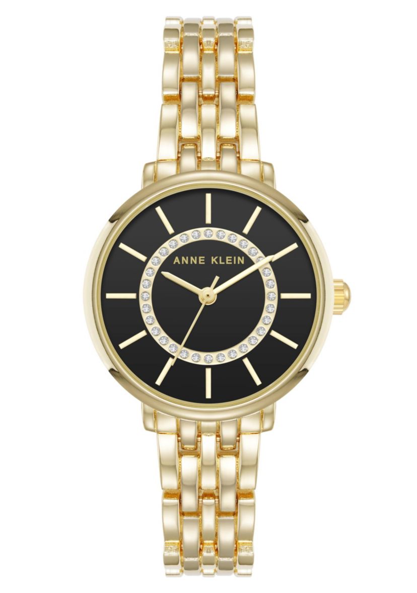 Anne Klein Womens Quartz Classy Gold-Tone Metal Alloy and Black Dial Watch, 30mm