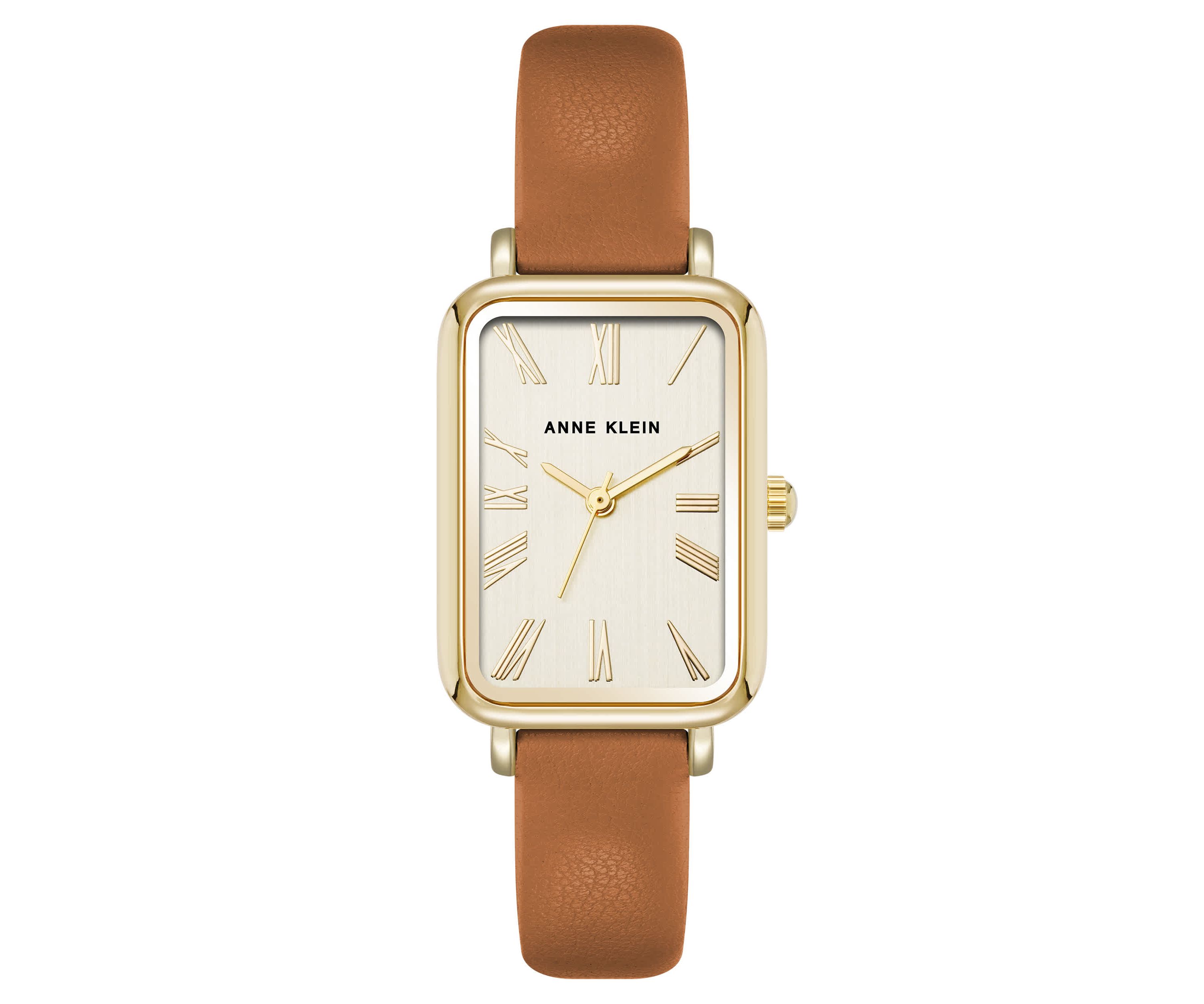 Anne Klein Womens Quartz Rectangular Brown PU Leather and Gold-Tone Metal Alloy Watch, 23mm