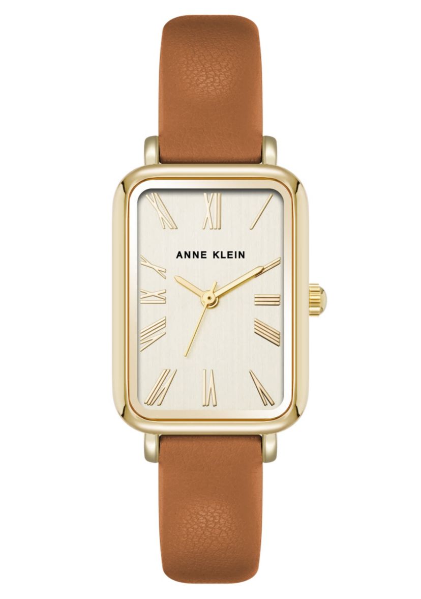 Anne Klein Womens Quartz Rectangular Brown PU Leather and Gold-Tone Metal Alloy Watch, 23mm