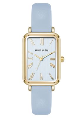 Anne Klein Women's Quartz Rectangular Light Blue PU Leather and Gold-Tone Metal Alloy Watch, 23mm