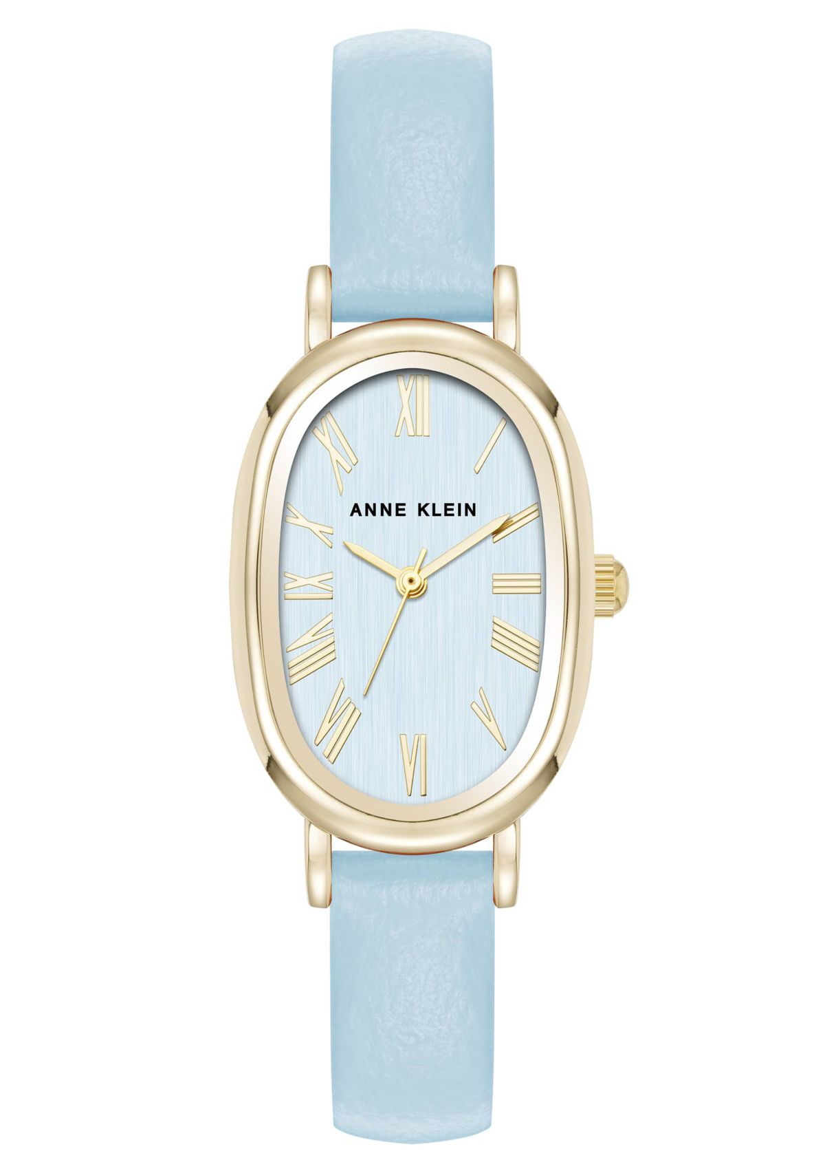 Anne Klein Womens Quartz Oval Light Blue PU Leather and Gold-Tone Metal Alloy Watch, 23mm