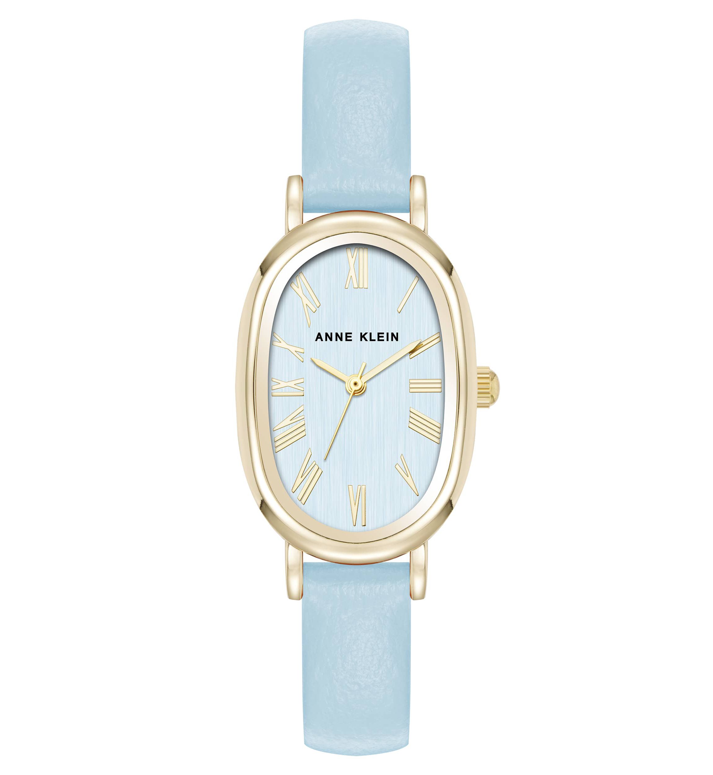 Anne Klein Womens Quartz Oval Light Blue PU Leather and Gold-Tone Metal Alloy Watch, 23mm