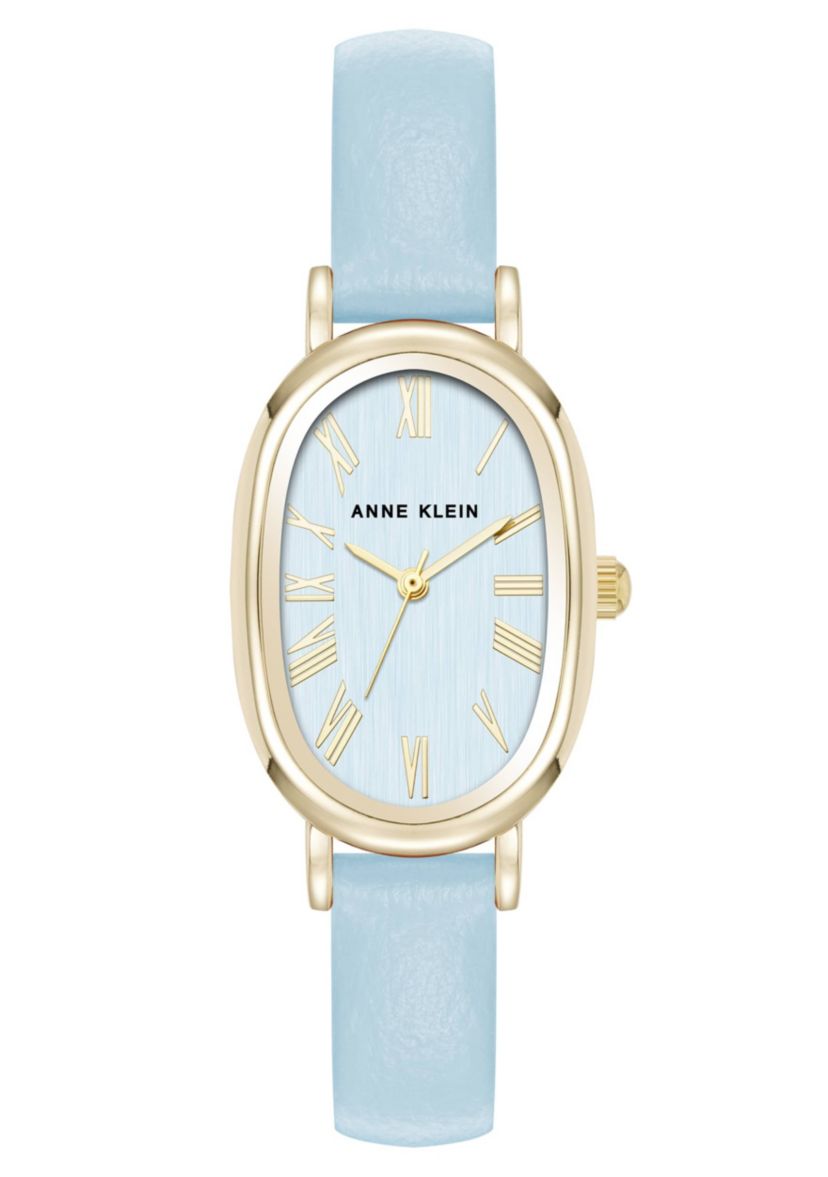 Anne Klein Womens Quartz Oval Light Blue PU Leather and Gold-Tone Metal Alloy Watch, 23mm