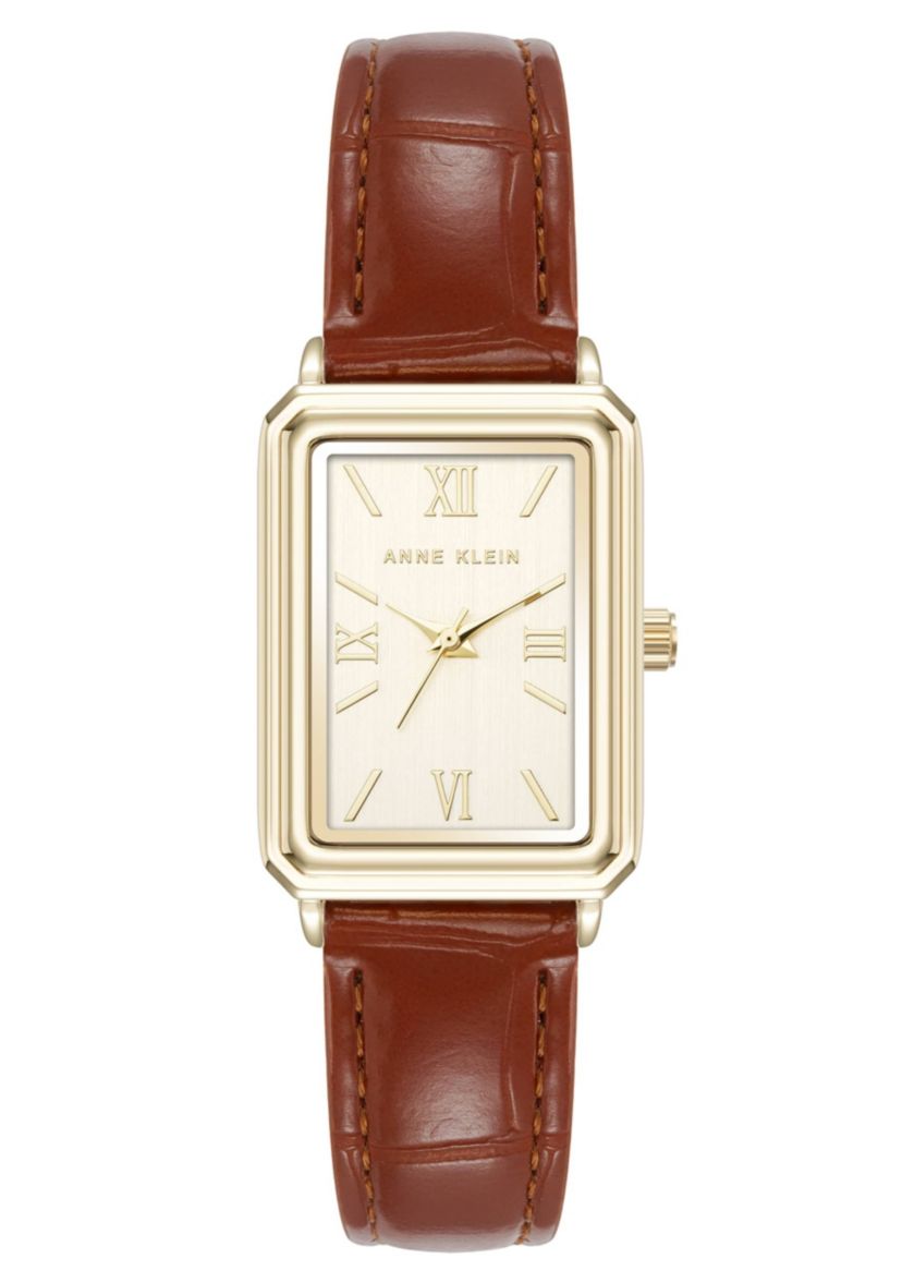 Anne Klein Womens Quartz Casual Brown PU Leather and Gold-Tone Metal Alloy Watch, 25mm