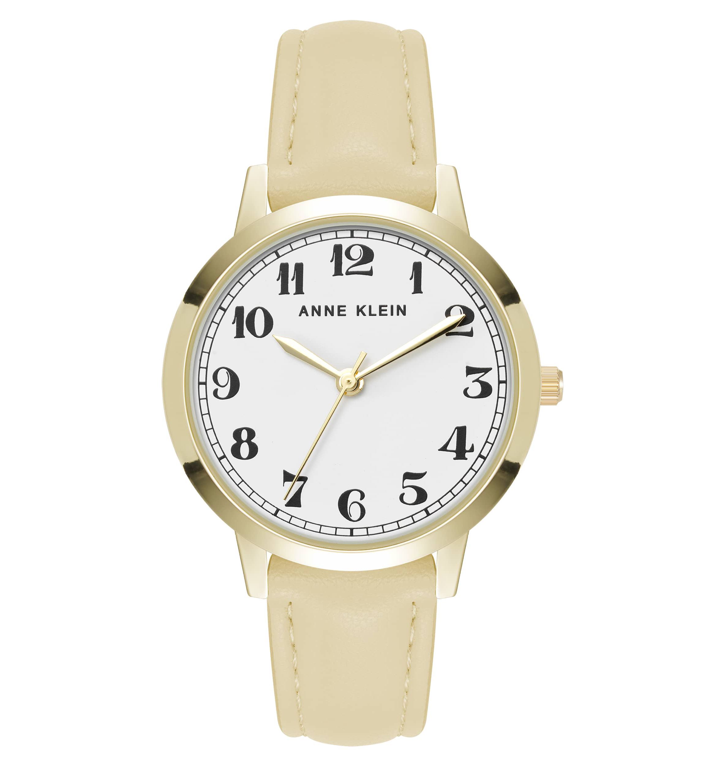 Anne Klein Womens Quartz Casual Cream PU Leather and Gold-Tone Metal Alloy Boyfriend Watch, 34mm