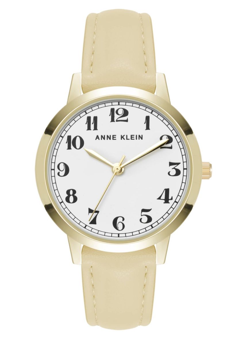 Anne Klein Womens Quartz Casual Cream PU Leather and Gold-Tone Metal Alloy Boyfriend Watch, 34mm