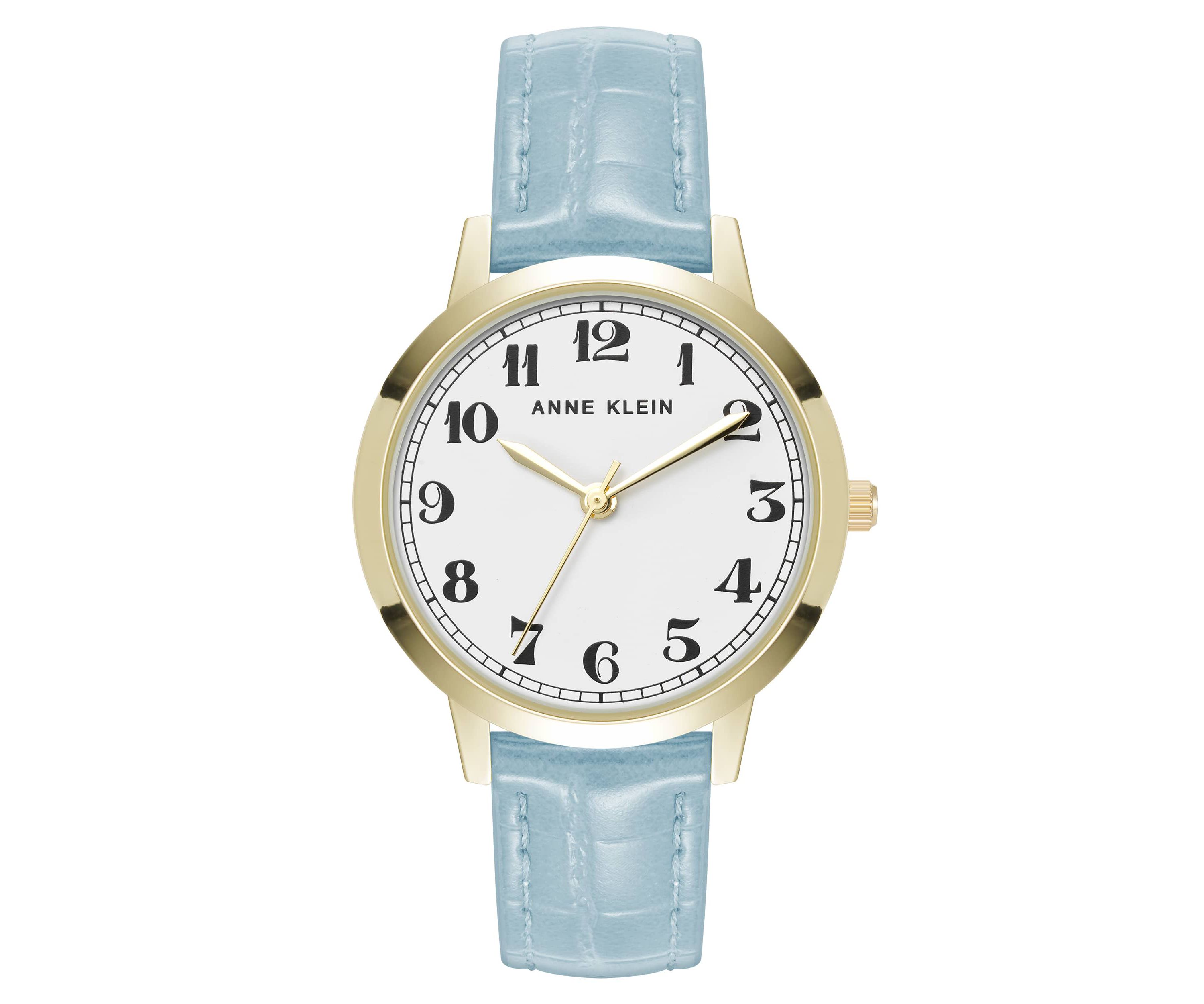 Anne Klein Womens Quartz Casual Light Blue PU Leather and Gold-Tone Metal Alloy Boyfriend Watch, 34mm