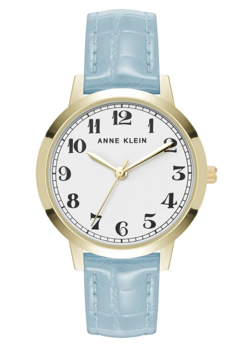 Anne Klein Womens Quartz Casual Light Blue PU Leather and Gold-Tone Metal Alloy Boyfriend Watch, 34mm