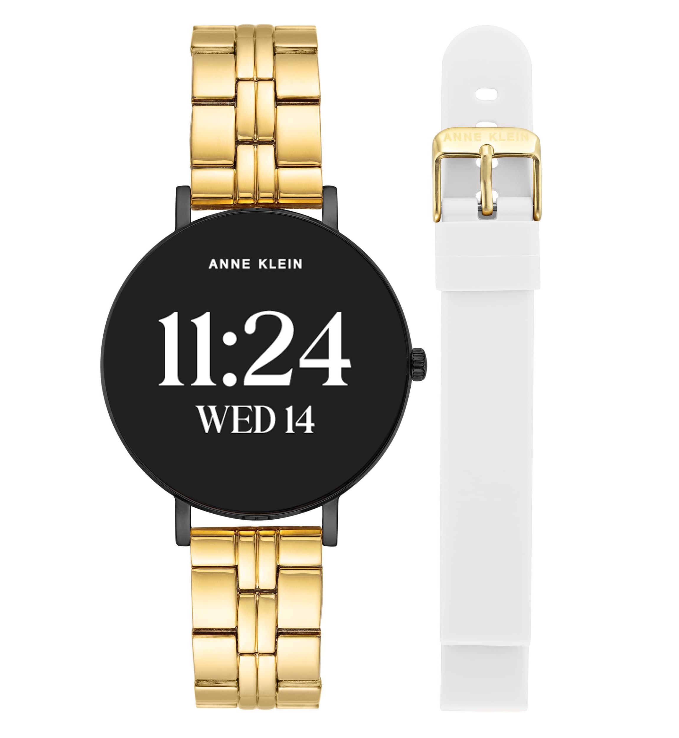 Anne Klein Womens Connect It Prism Smartwatch with Gold-Tone Metal Alloy and White Silicone Bands