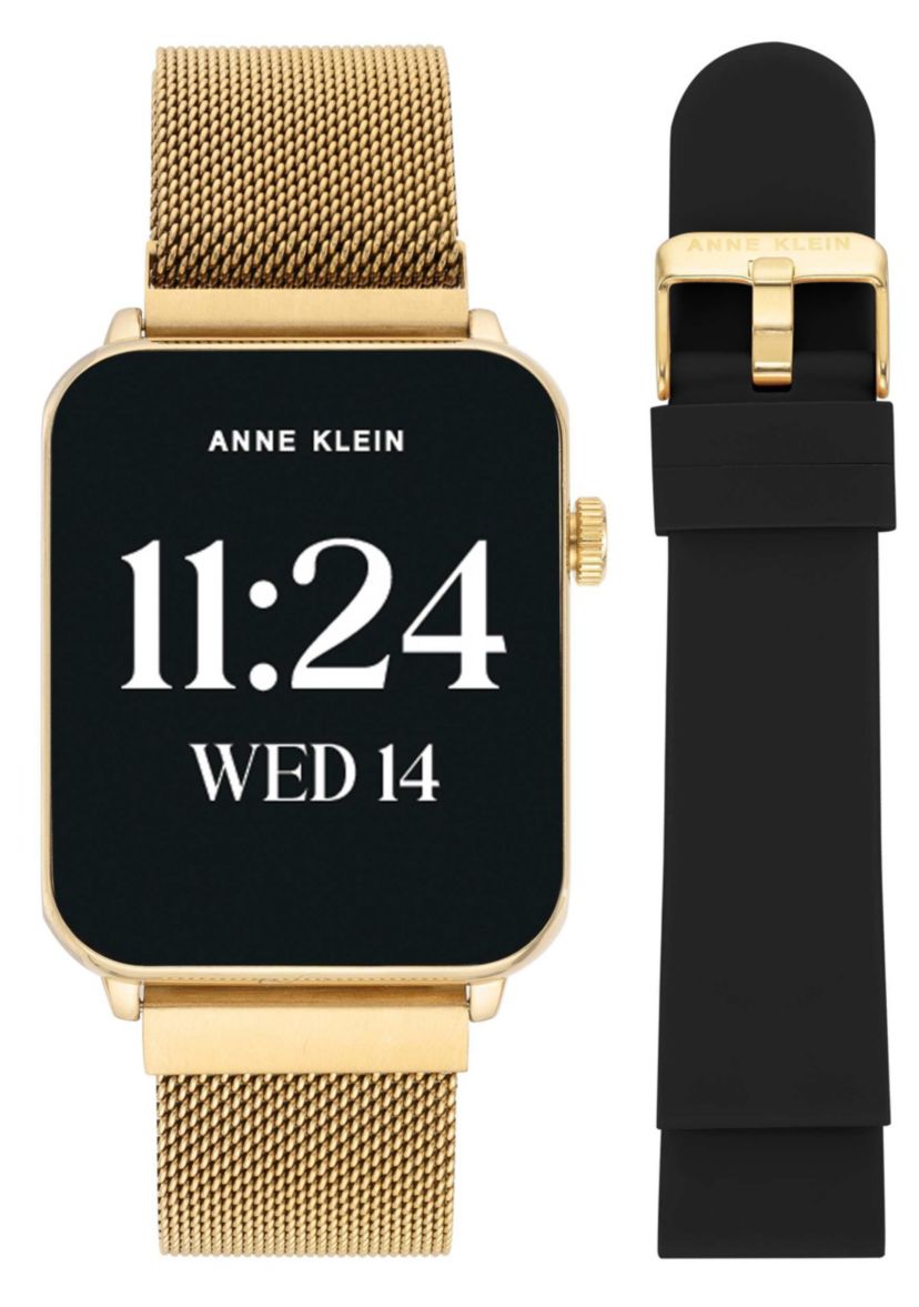 Anne Klein Womens Connect It Stellar Smartwatch with Gold-Tone Stainless Steel Mesh and Black Silicone Bands
