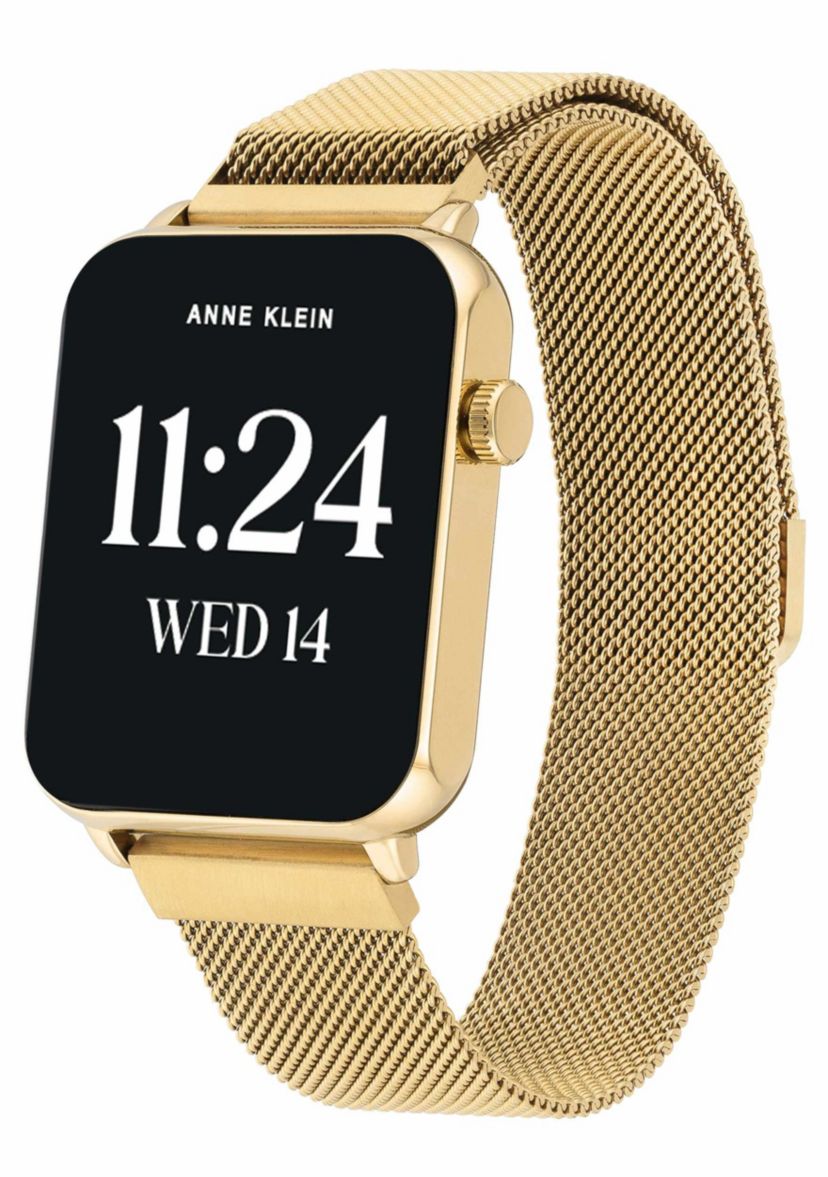 Anne Klein Womens Connect It Stellar Smartwatch with Gold-Tone Stainless Steel Mesh and Black Silicone Bands