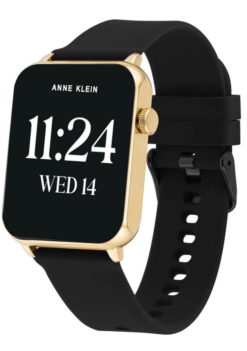 Anne Klein Womens Connect It Stellar Smartwatch with Gold-Tone Stainless Steel Mesh and Black Silicone Bands