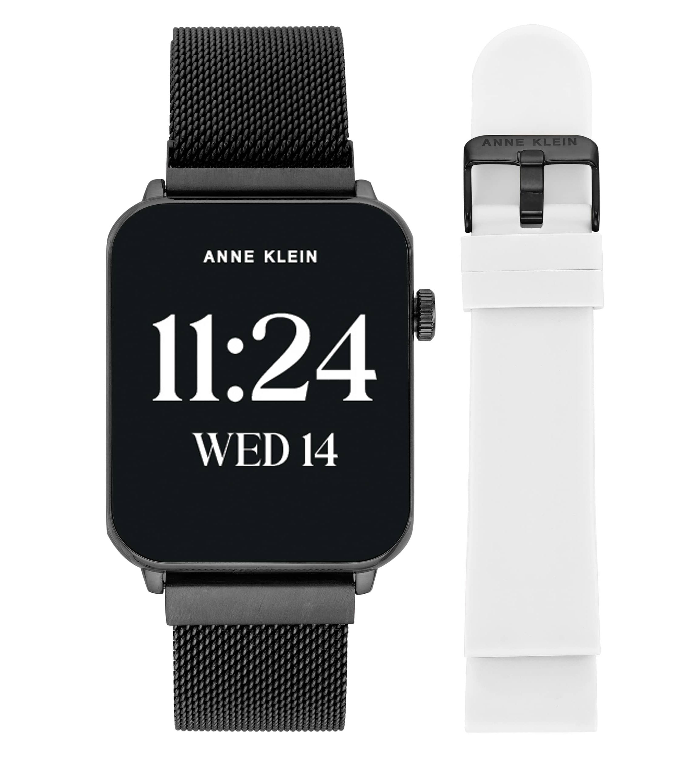 Anne Klein Womens Connect It Stellar Smartwatch with Black Stainless Steel Mesh and White Silicone Bands