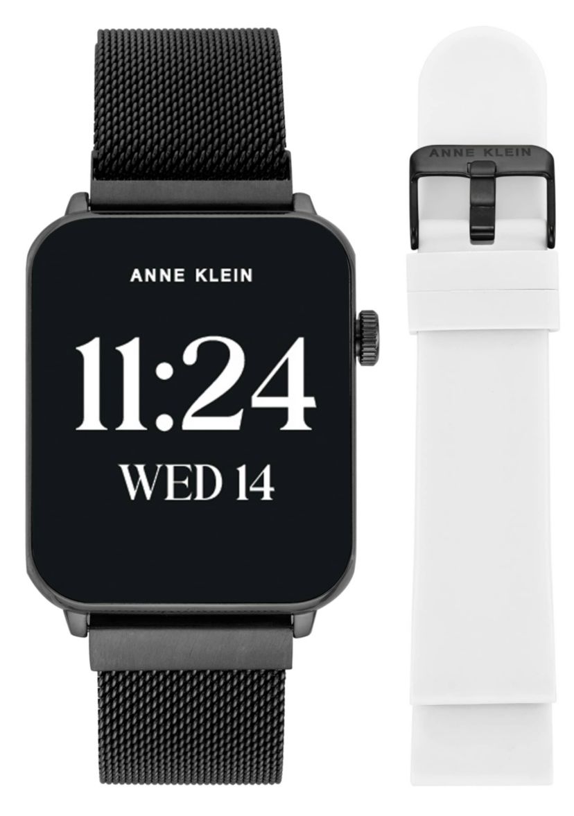 Anne Klein Womens Connect It Stellar Smartwatch with Black Stainless Steel Mesh and White Silicone Bands