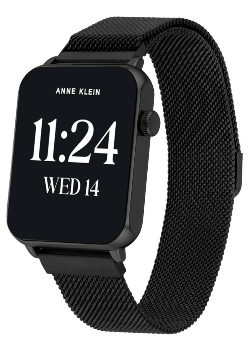 Anne Klein Womens Connect It Stellar Smartwatch with Black Stainless Steel Mesh and White Silicone Bands