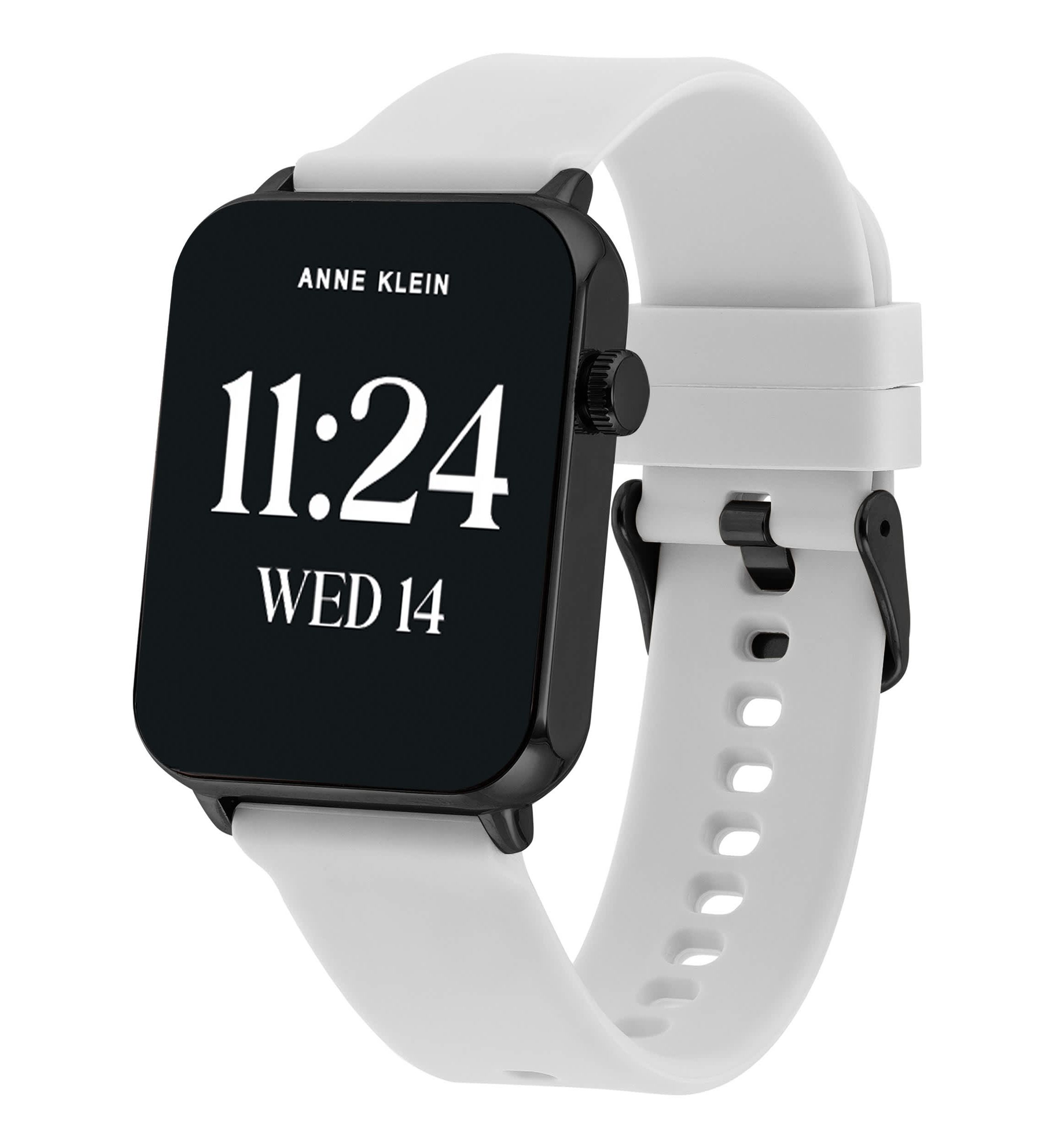 Anne Klein Womens Connect It Stellar Smartwatch with Black Stainless Steel Mesh and White Silicone Bands