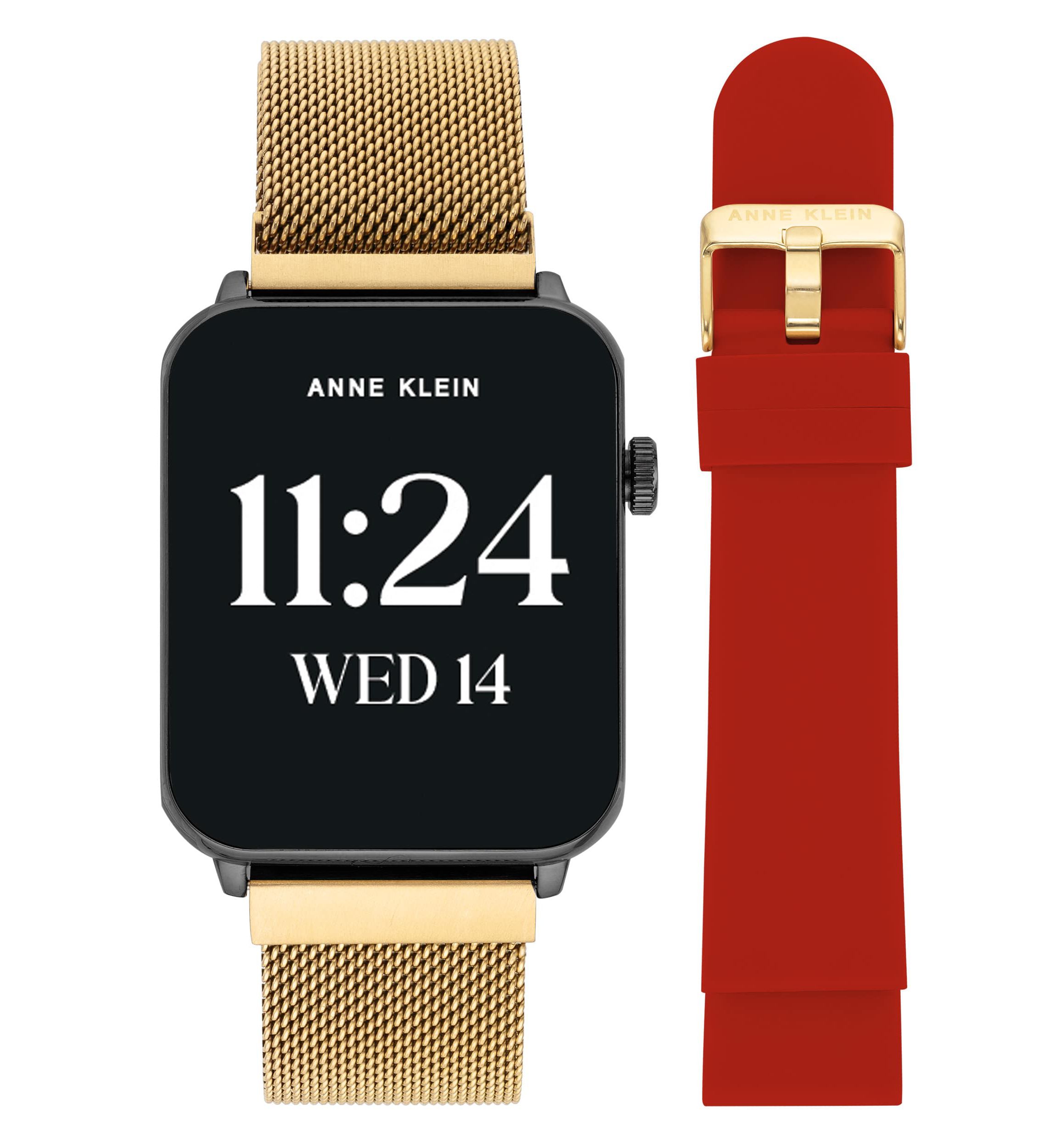 Anne Klein Womens Connect It Stellar Smartwatch with Gold-Tone Stainless Steel Mesh and Red Silicone Bands