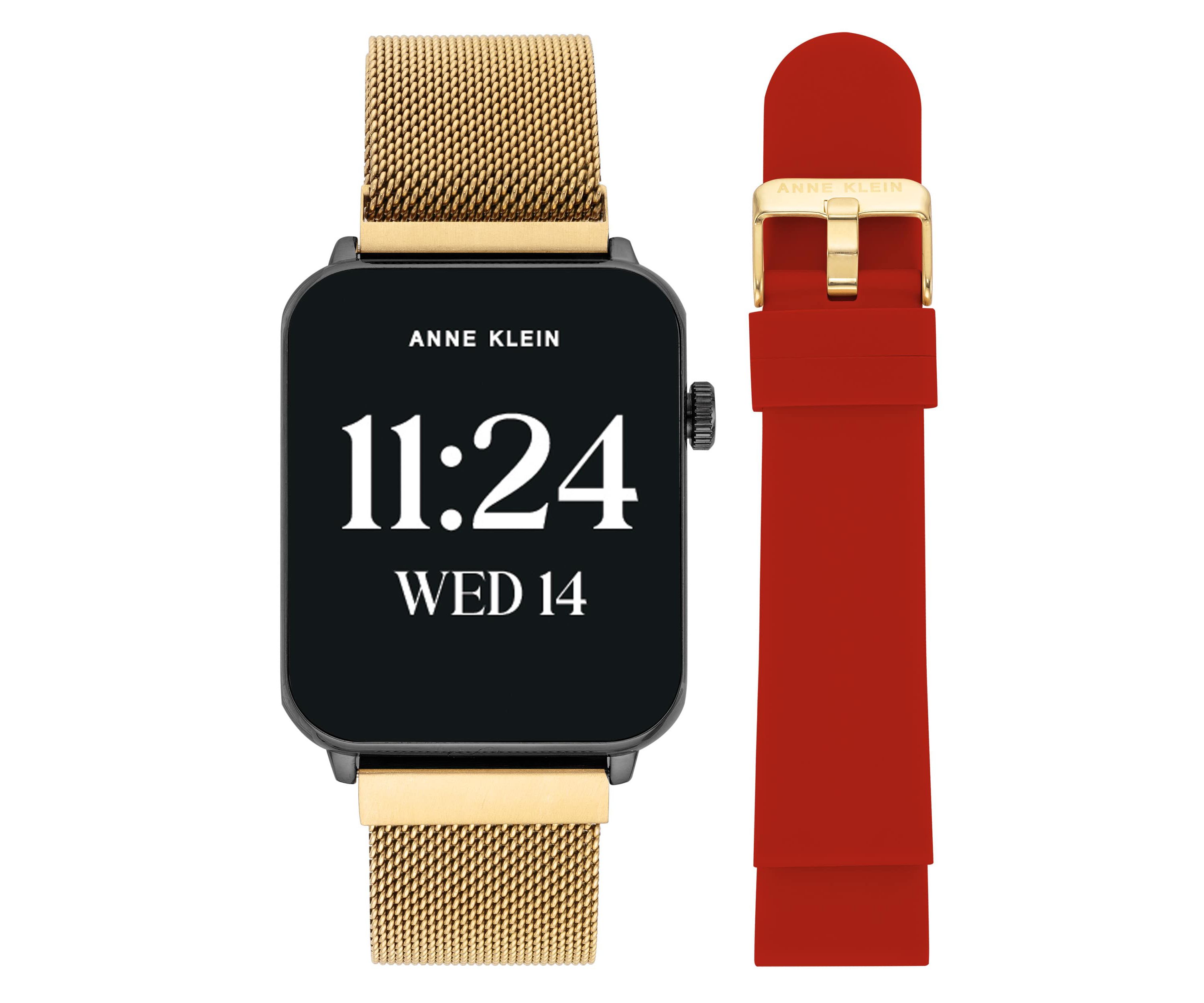 Anne Klein Womens Connect It Stellar Smartwatch with Gold-Tone Stainless Steel Mesh and Red Silicone Bands
