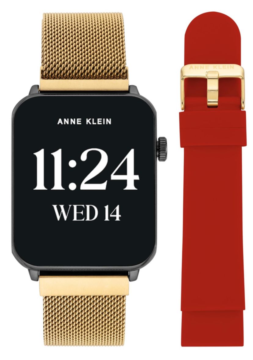 Anne Klein Womens Connect It Stellar Smartwatch with Gold-Tone Stainless Steel Mesh and Red Silicone Bands
