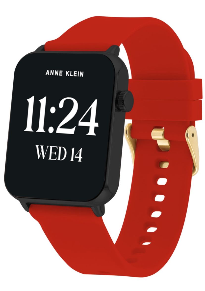 Anne Klein Womens Connect It Stellar Smartwatch with Gold-Tone Stainless Steel Mesh and Red Silicone Bands