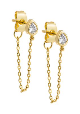 By Adina Eden Gold Tone CZ Teardrop Bezel Drop Chain Stud Earrings