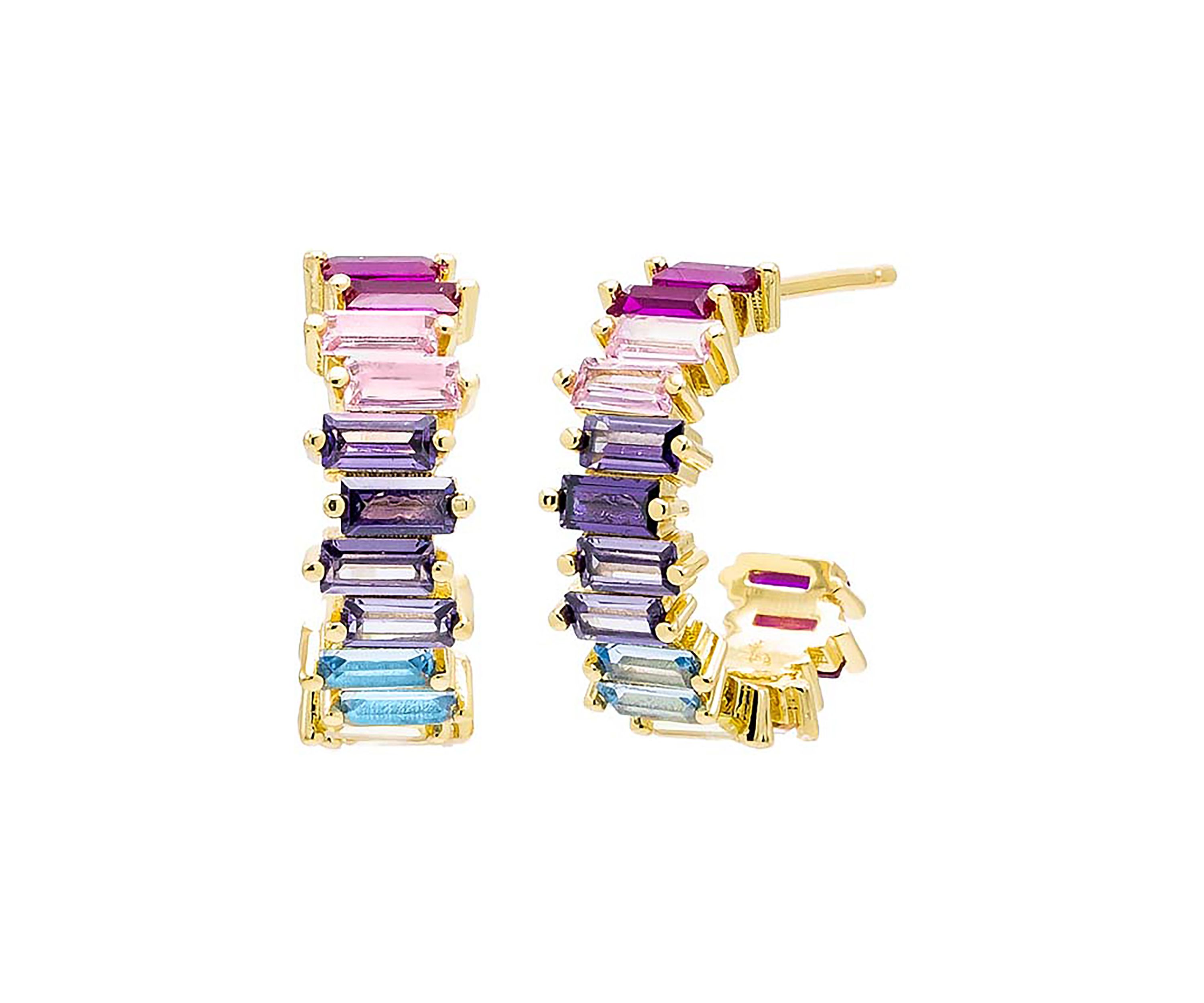 Multicolored Baguette Open Hoop Earrings