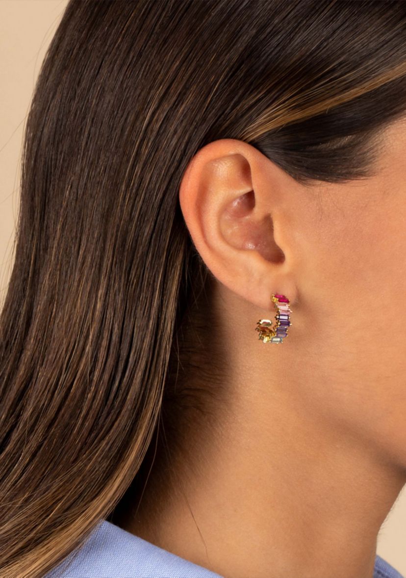 Multicolored Baguette Open Hoop Earrings