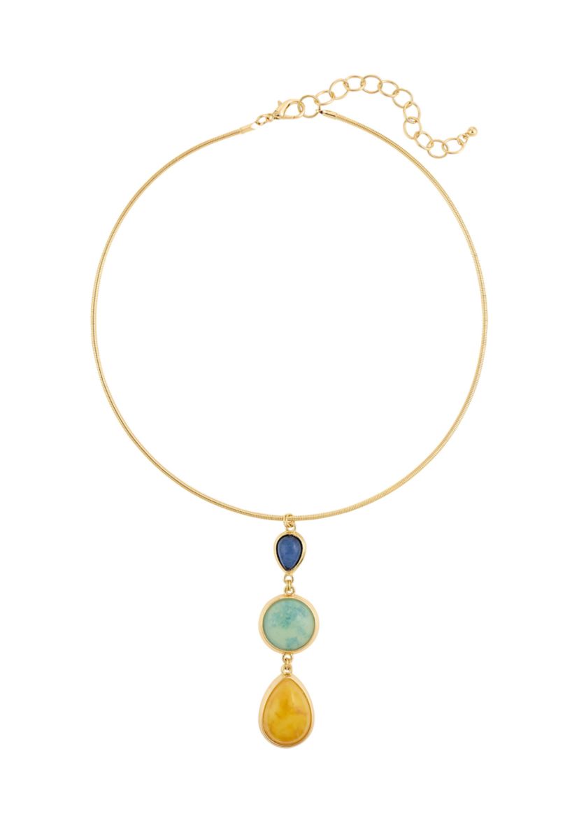 Gold Tone 14 + 3 Extender Coil Necklace with Multicolored Triple Teardrop Pendant