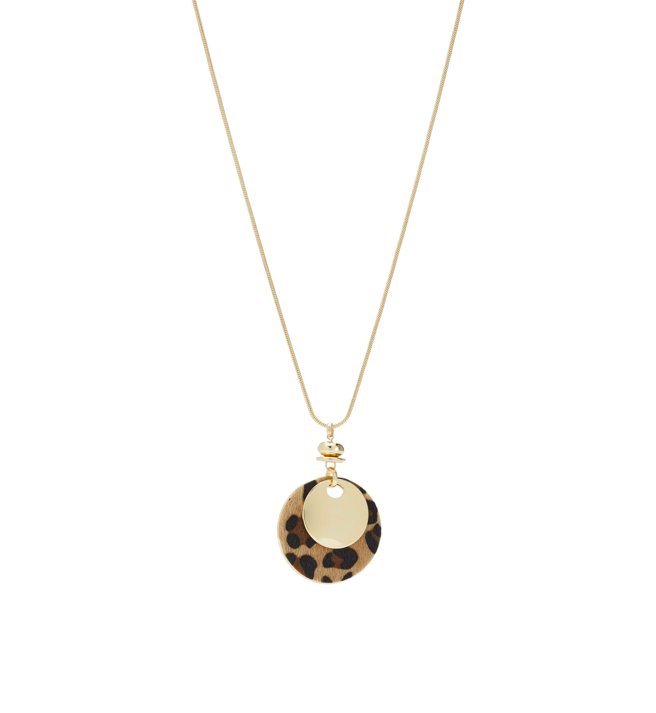 Gold Tone Long Layered Double Ring Leopard Disc Pendant Necklace