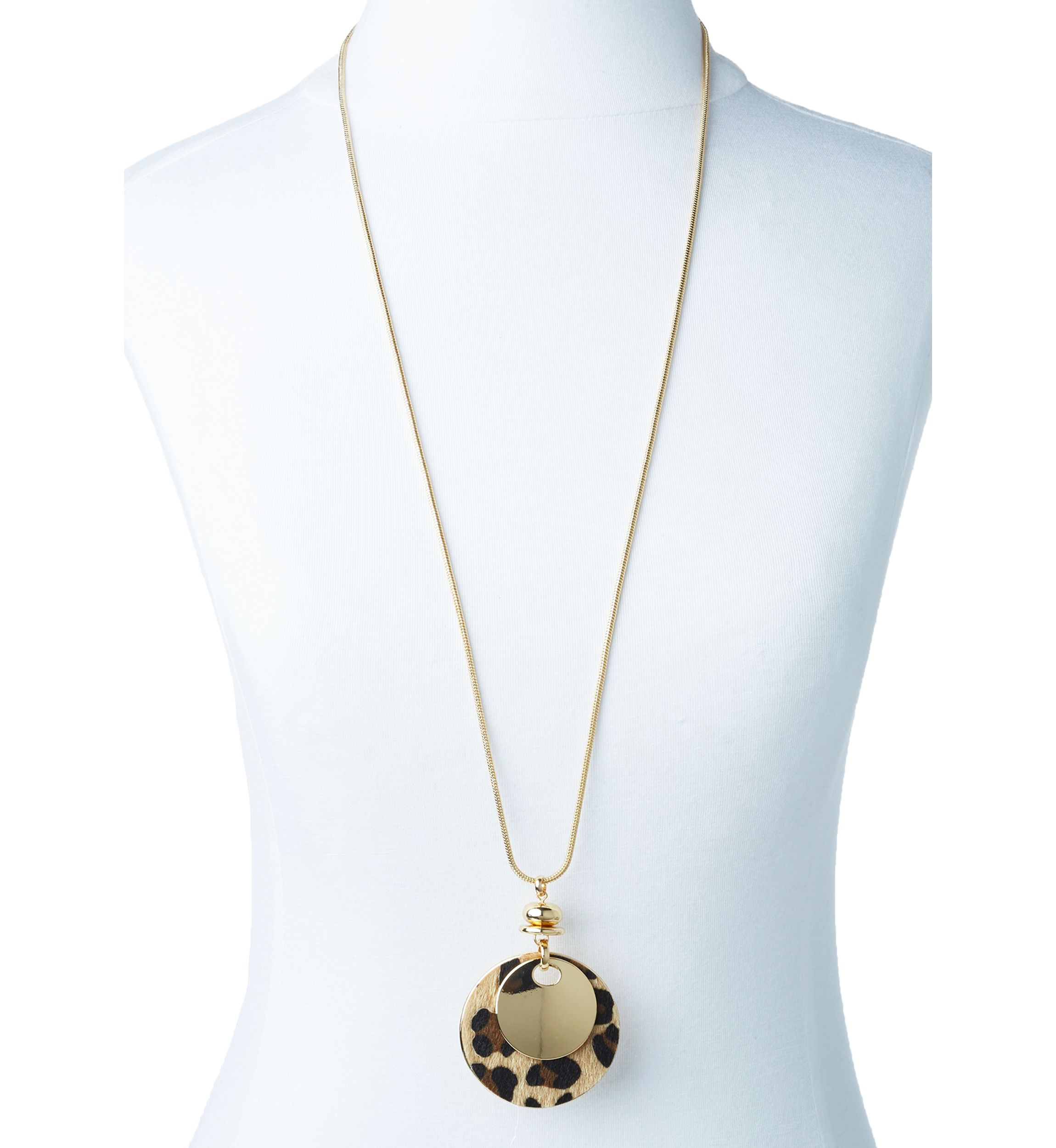 Gold Tone Long Layered Double Ring Leopard Disc Pendant Necklace