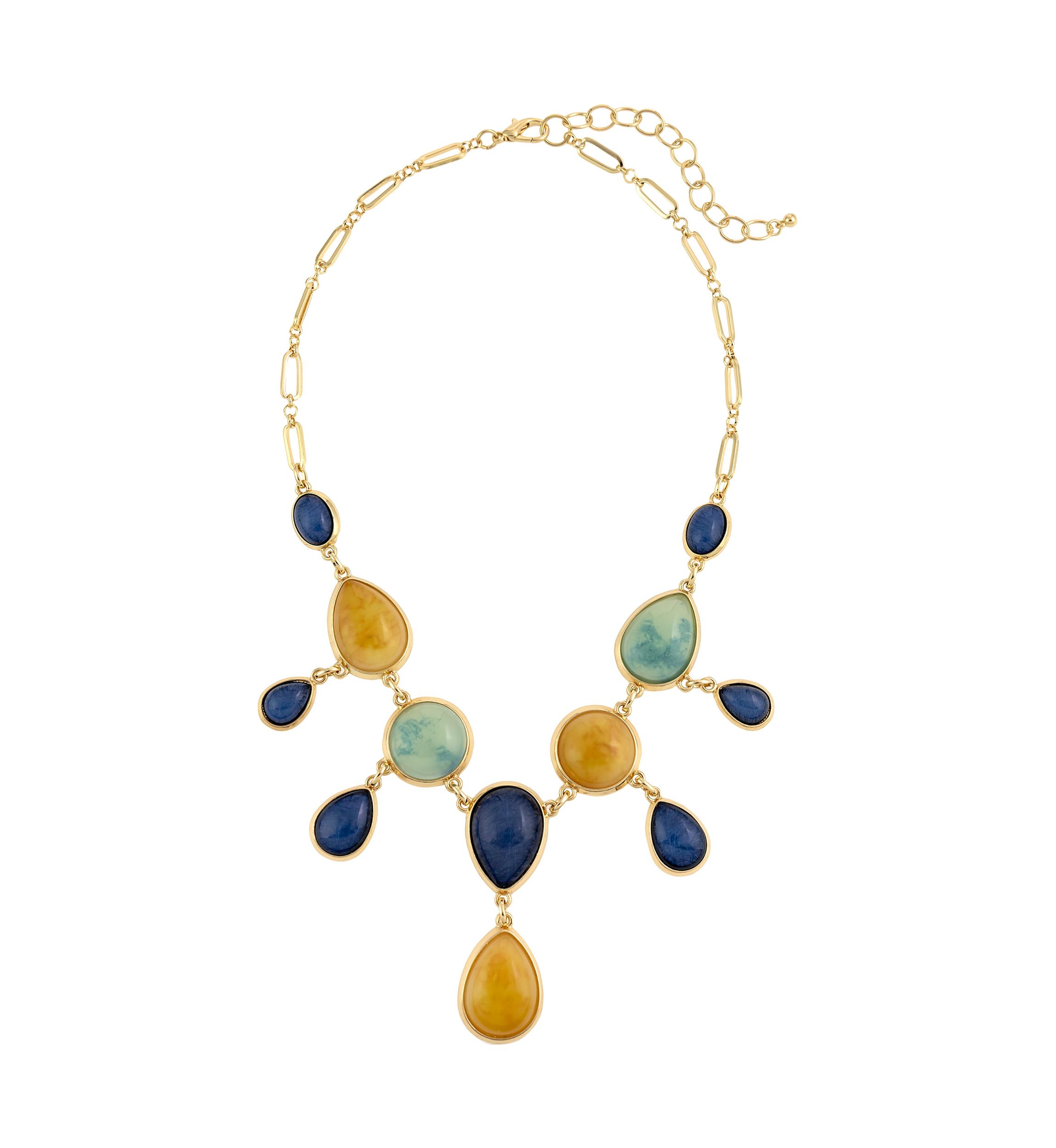 Gold Tone 18.5 + 3 Extener Short Multicolored Stone Statement Necklace with Teardrop Pendants
