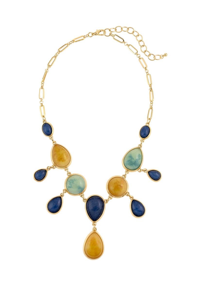 Gold Tone 18.5 + 3 Extener Short Multicolored Stone Statement Necklace with Teardrop Pendants