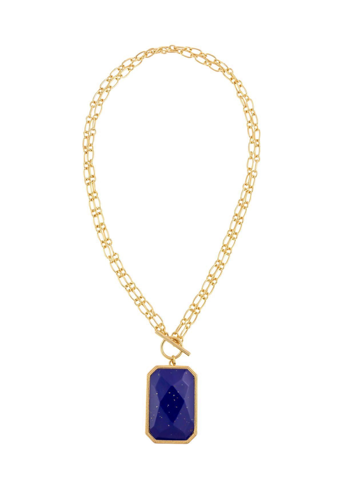 Gold Tone 18 Double Chain Short Necklace with Faceted Rectangle Blue Stone Pendant and Front Toggle Closure